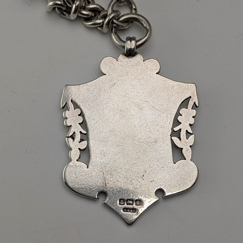 Circa 1919 British Antique Sterling Silver Albert Chain, 53g, Sterling Silver Medal Fob